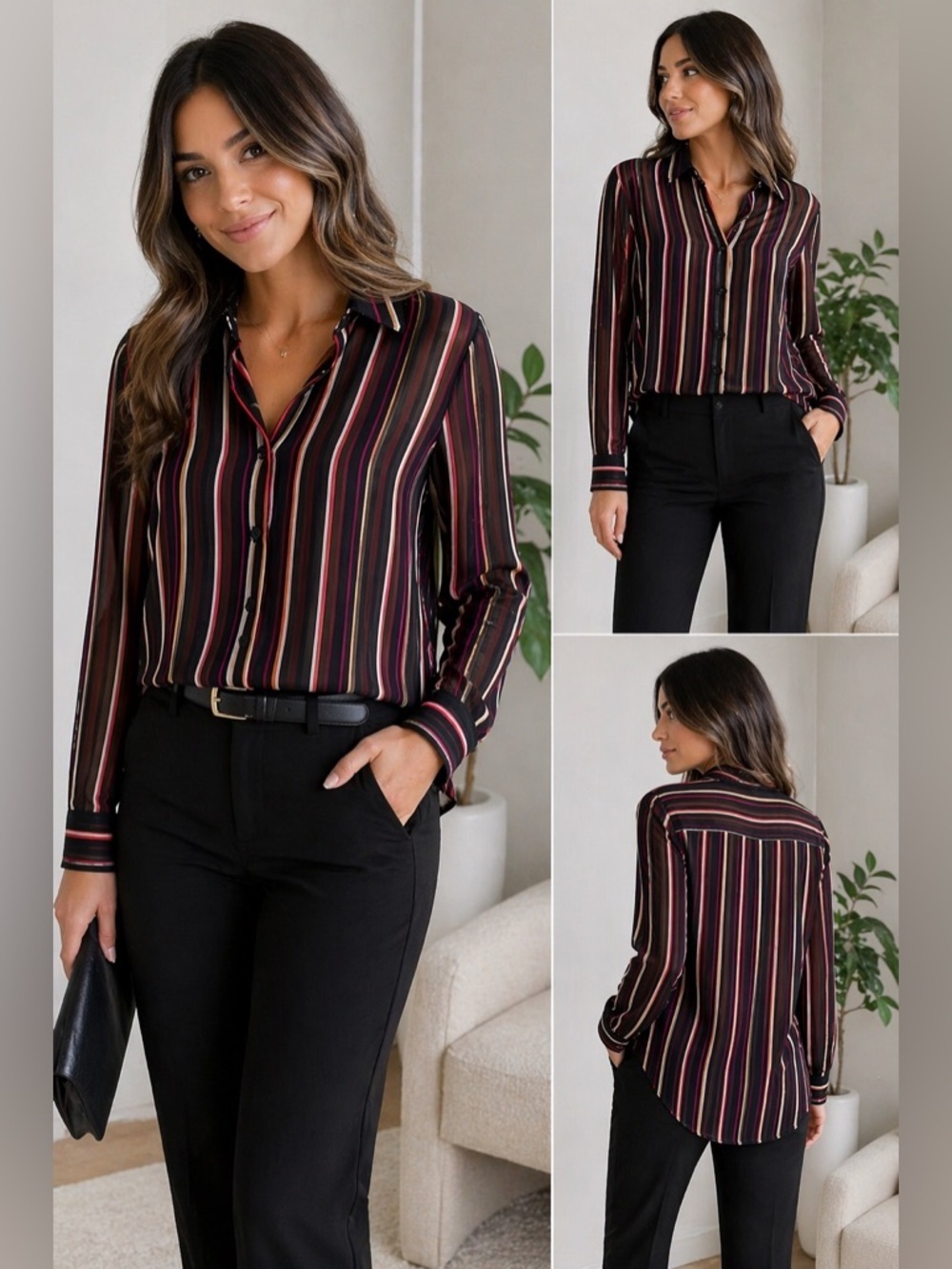 Vince Camuto Sheer Striped Blouse Size M Black Pink Gold Button Front Top